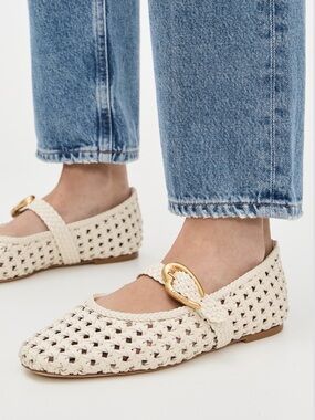 Larroude Verona Macrame Flats in Ivory Leather - 9.5